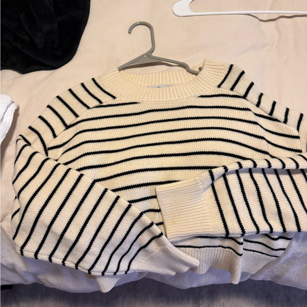 Striped Cream Crewneck Sweater with Black Trim